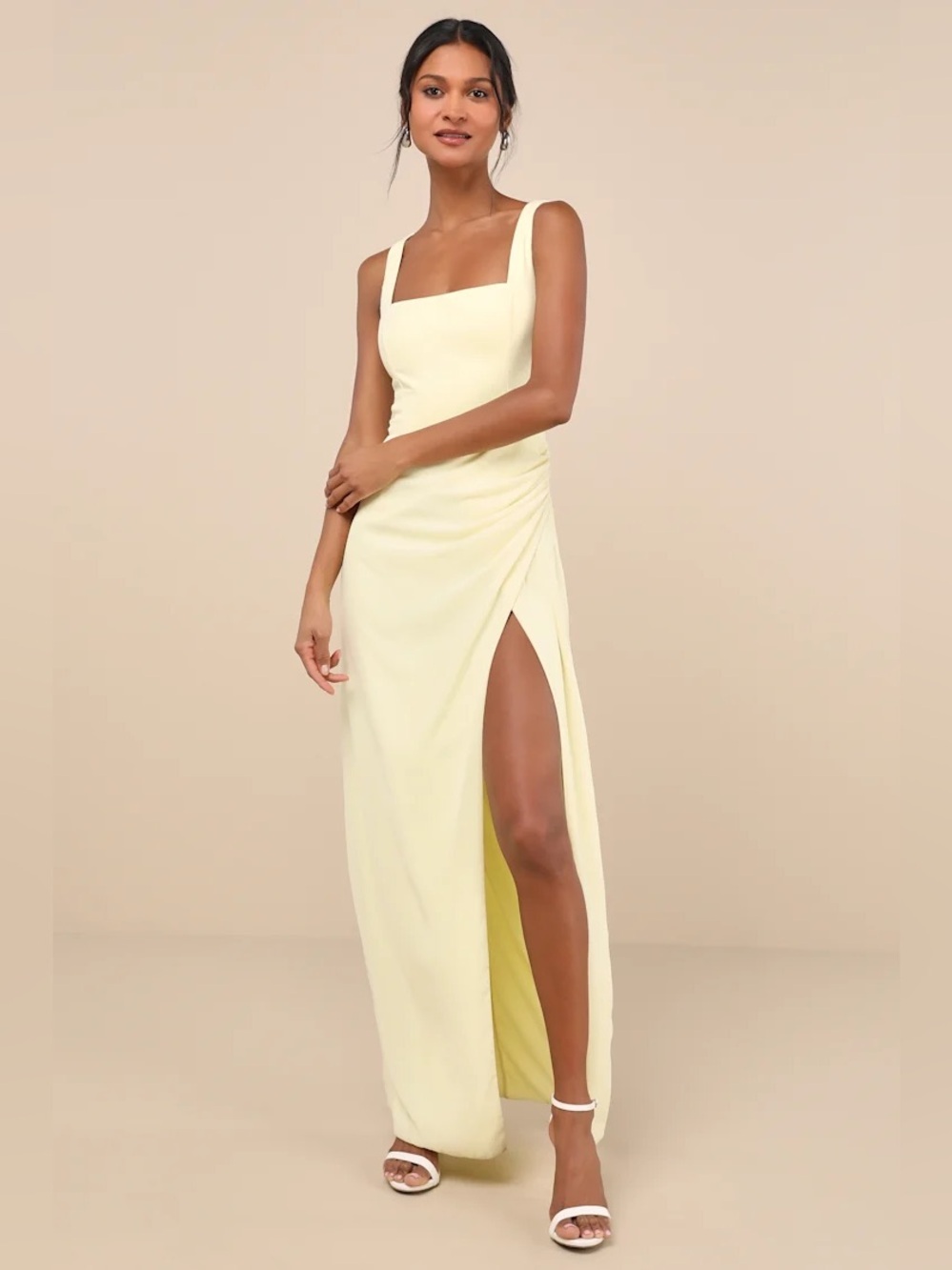 Lulus Glamorous Disposition Light Yellow Ruched Maxi Dress Size Small NWT